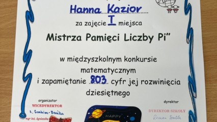 Ponowny sukces naszych uczniów w Międzyszkolnym Konkursie „Mistrz Pamięci Liczby Pi